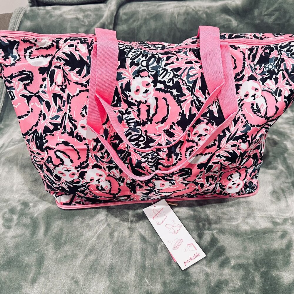 Lilly Pulitzer Getaway Packable Tote Hibiscus Pink "Hangin with My Boo"